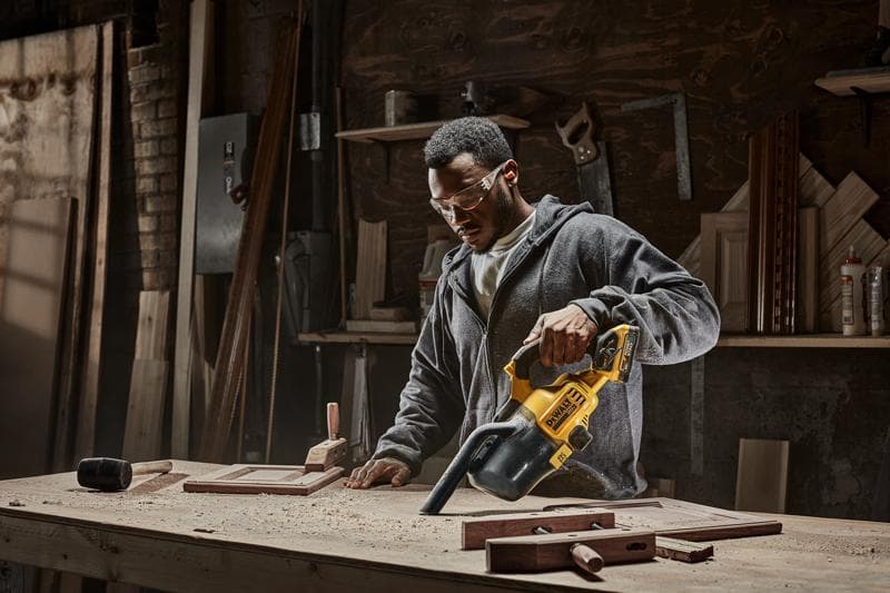 Une personne utilise un aspirateur portable DEWALT modèle DCV501HB pour nettoyer la sciure sur un établi dans un atelier de menuiserie. Divers outils et pièces de bois sont visibles sur la table et les étagères en arrière-plan.